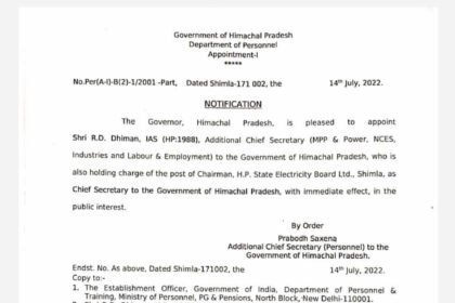 हिमाचल | आरडी धीमान होंगे प्रदेश के नये मुख्य सचिव, तीन प्रधान सलाहकारों की भी नियुक्ति, सुशील कुमार सिंगला होंगे मुख्यमंत्री के ओएसडी - Panchayat Times
